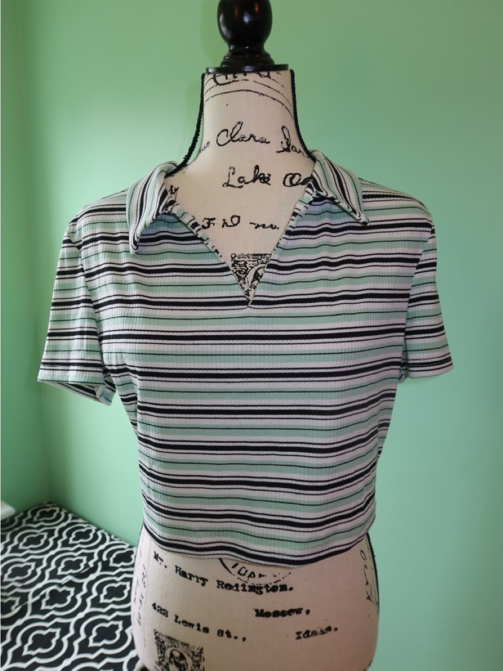 SHEIN Mint, Black & White Striped Polo Crop Top